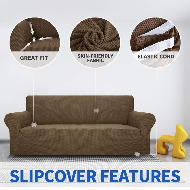 MAXIJIN Super Stretch Couch Cover for 3 Cushion Couch, 1-Piece Universal Sofa Covers Living Room Jacquard Spandex Furniture Protector Dogs Pet Friendly Fitted (Extra Large, Brown) - Image 3